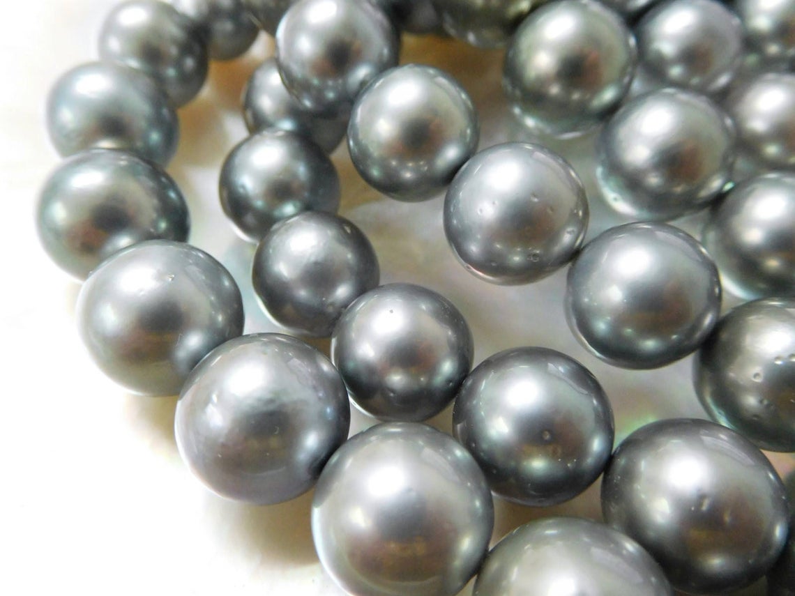 12x14mm Silver-Gray Round Tahitian Pearl Necklace Strands – Continental ...