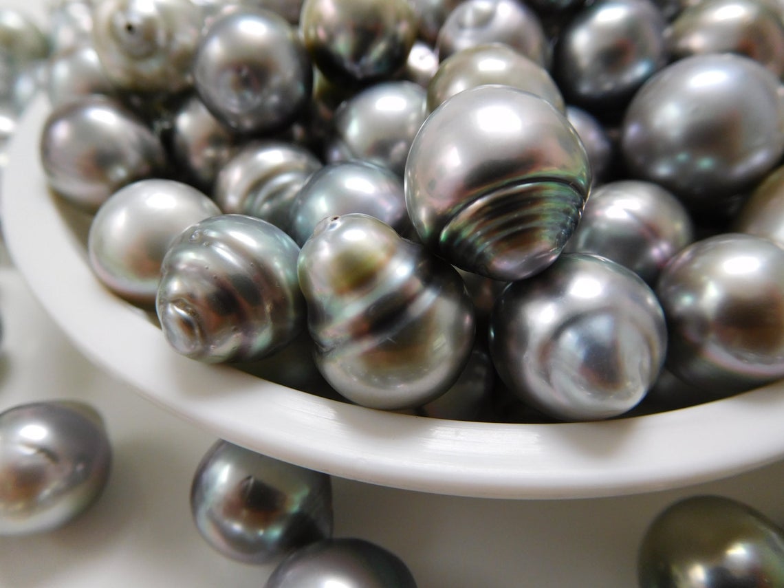 Tahitian Pearls Loose Undrilled 12-14mm Silver-Gray Drop Circle Baroque AAA 